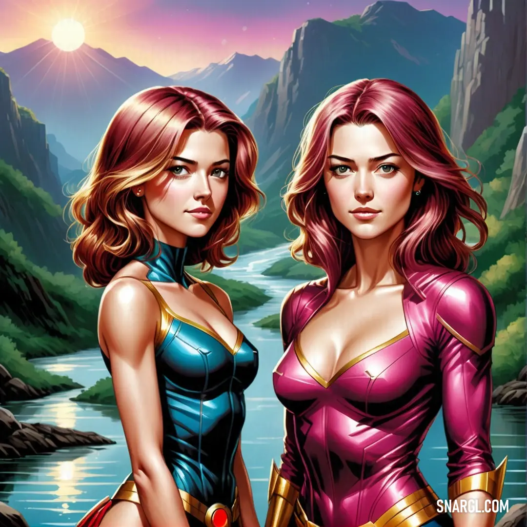 NCS S 2060-R30B color example: Two women in costumes standing next to each other in front of a river and mountains with a sunset behind them
