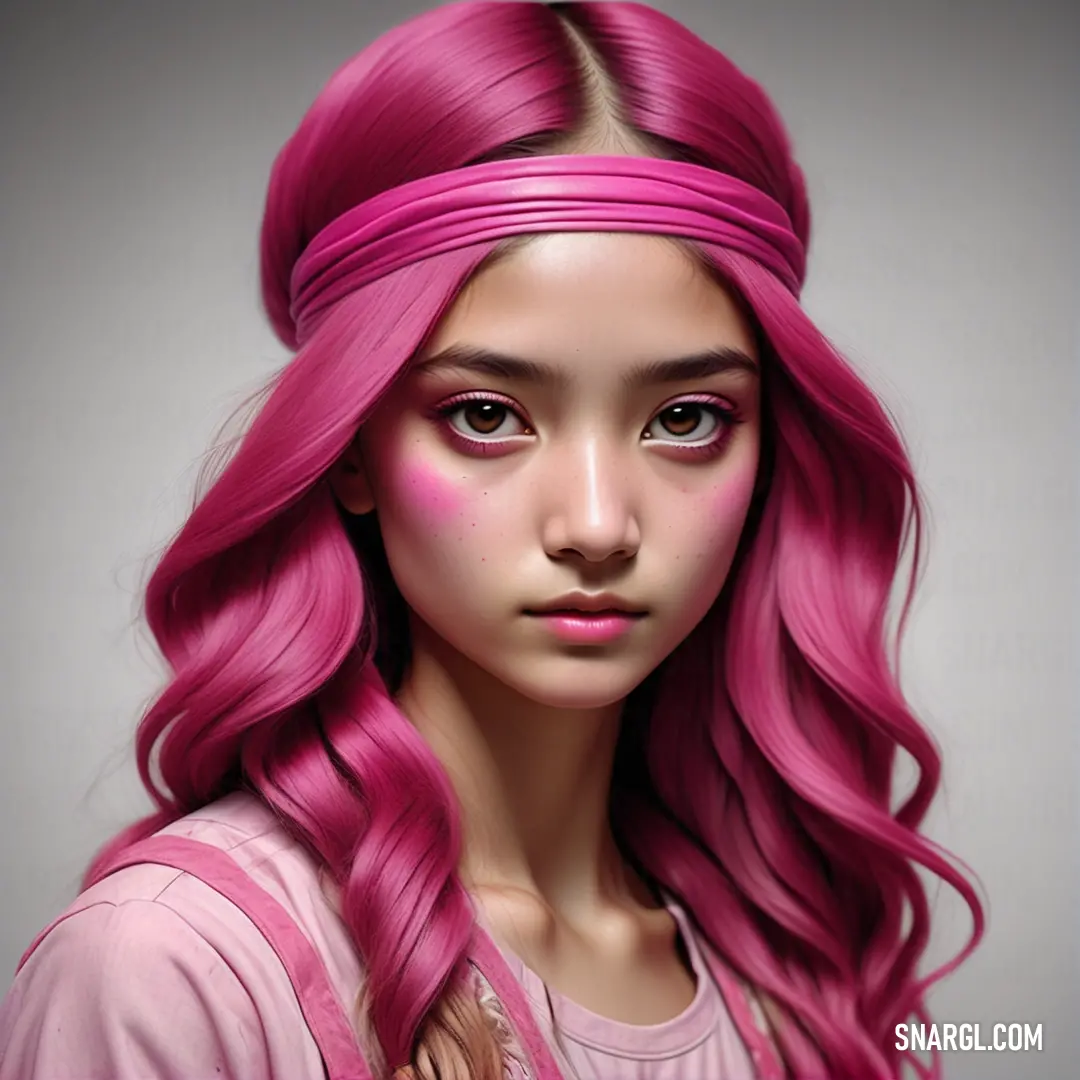 Woman with pink hair and a pink top on her head and a pink top on her head. Color #A9206E.