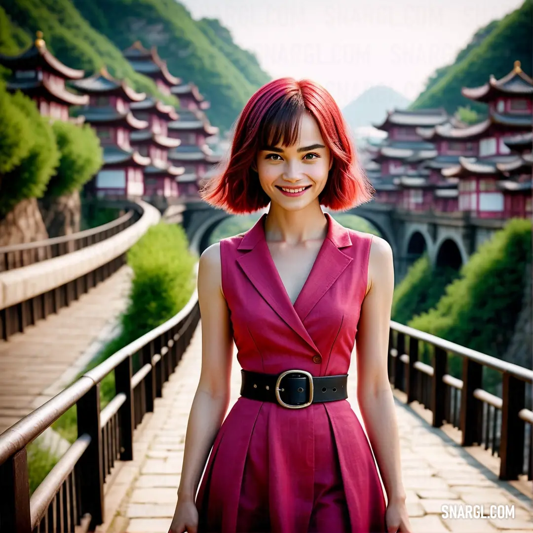 NCS S 2060-R30B color example: Woman with red hair and a pink dress is standing on a bridge with a mountain in the background