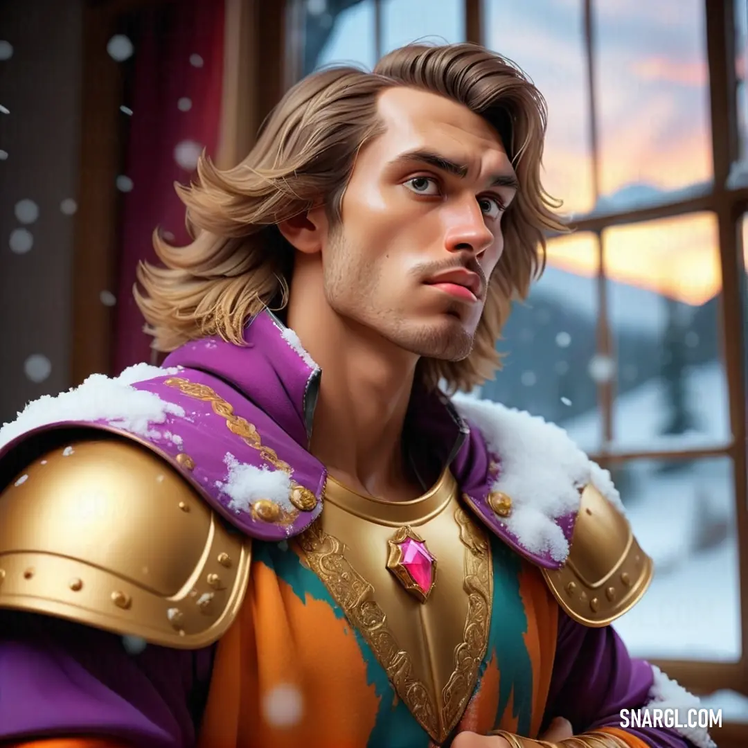Man in a purple and gold outfit looking out a window at snow falling on him and his hand on his hip. Color NCS S 2060-R40B.