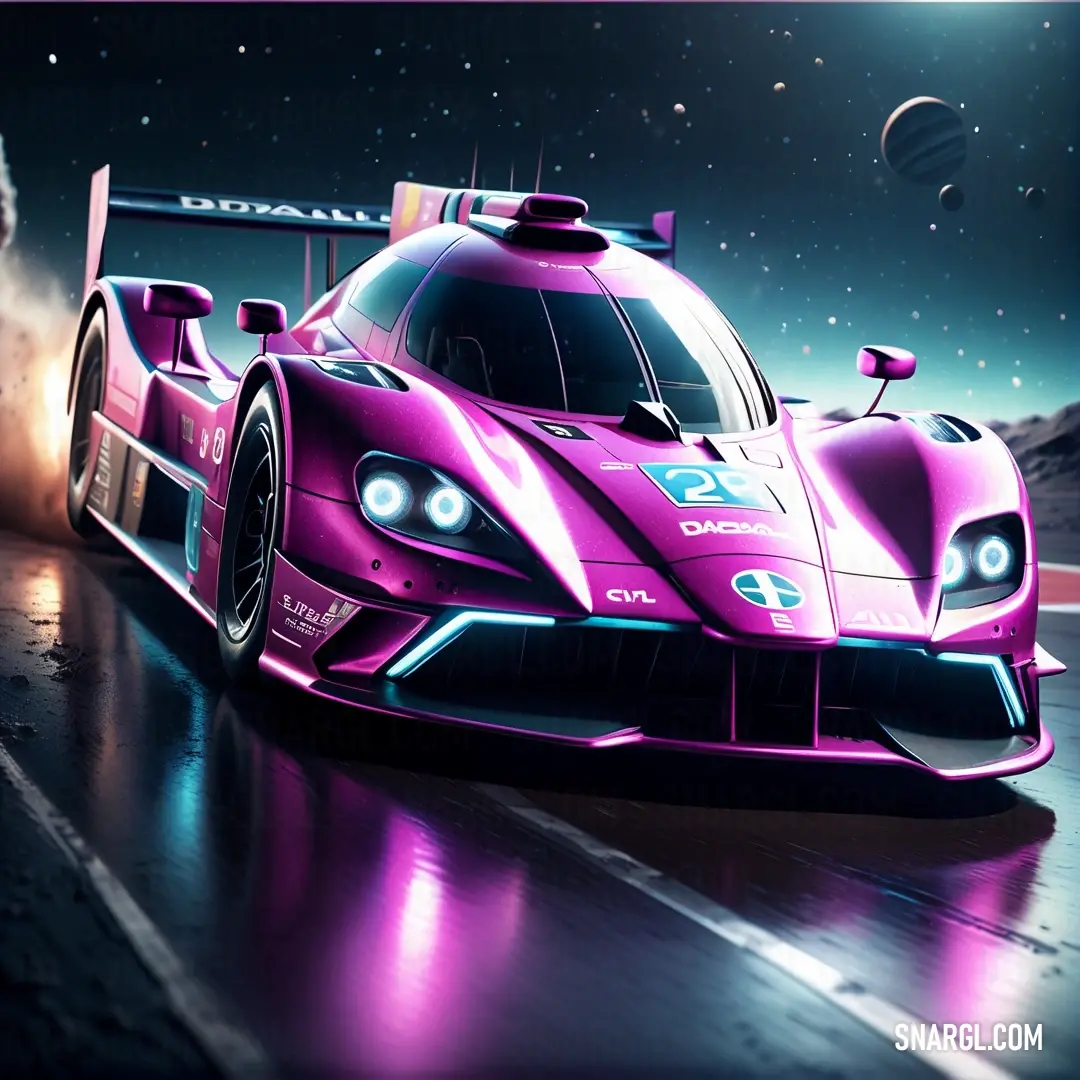 Pink race car driving on a wet road at night with a full moon in the background. Color RGB 172,48,163.