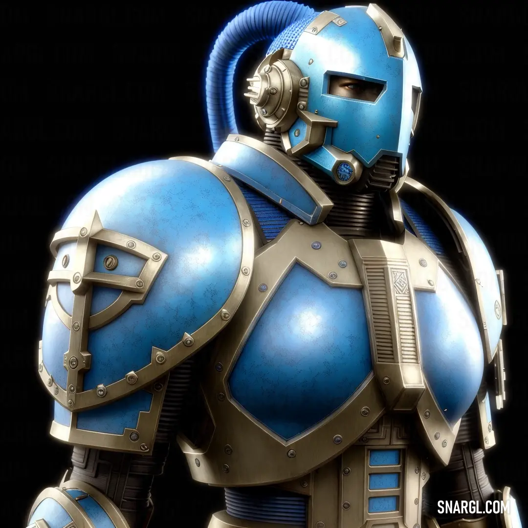 Blue and silver robot with a black background. Example of RGB 63,124,185 color.