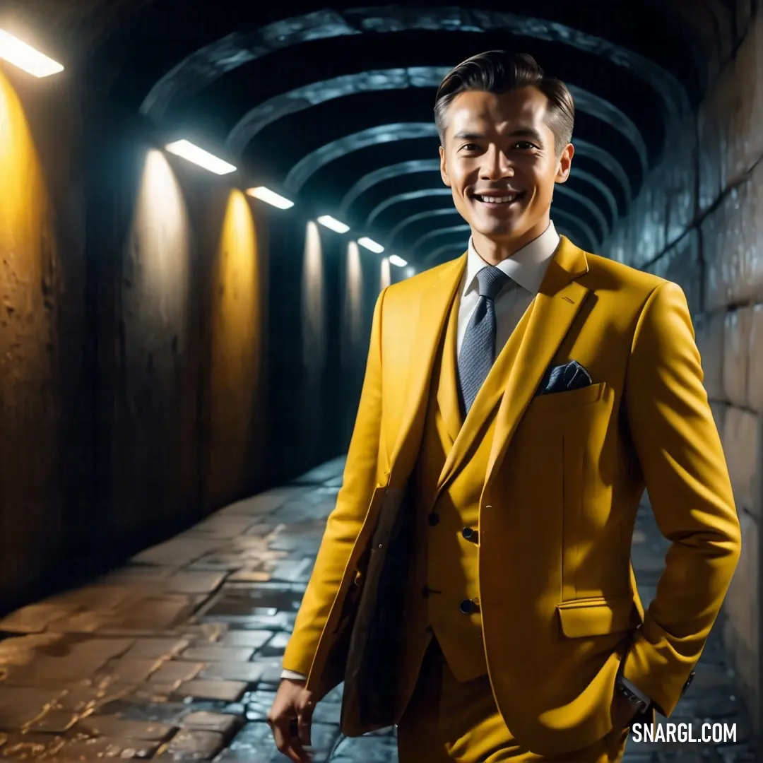 Man in a yellow suit is smiling for the camera while standing in a tunnel with a black background. Example of CMYK 0,18,95,20 color.