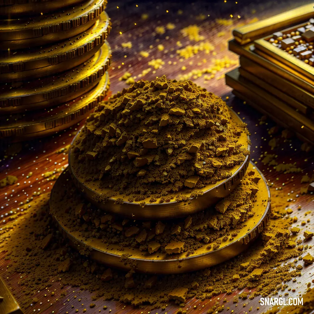 Pile of dirt next to a pile of gold coins on a table with a pile of coins. Example of CMYK 0,18,95,20 color.