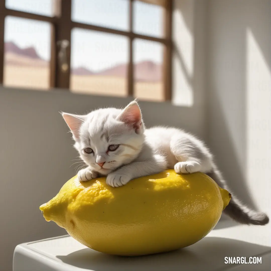 NCS S 2060-Y color. White kitten on top of a lemon on a table in a room with a window and a window