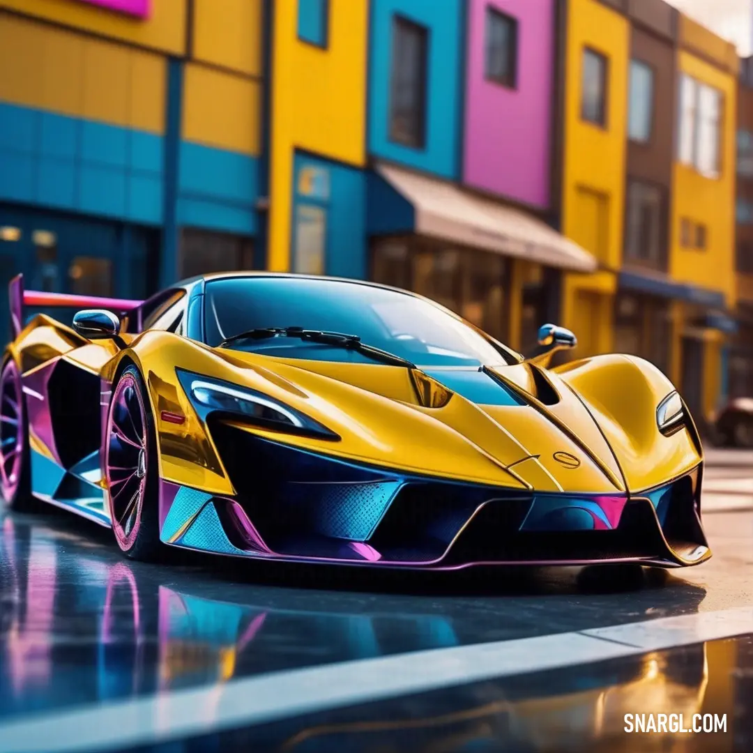 Yellow and blue sports car parked on a wet street in front of a building with multicolored windows. Color NCS S 2060-Y.