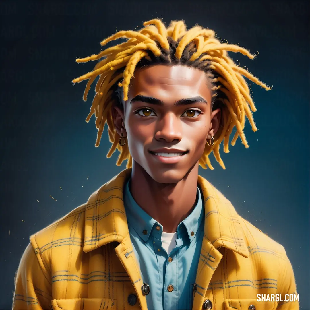 Man with dreadlocks on his head and a yellow jacket on his shirt and a blue shirt. Example of NCS S 2060-Y10R color.