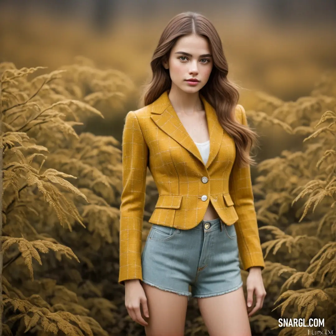 Woman in a yellow jacket and shorts standing in front of a field of tall grass and trees with a yellow background