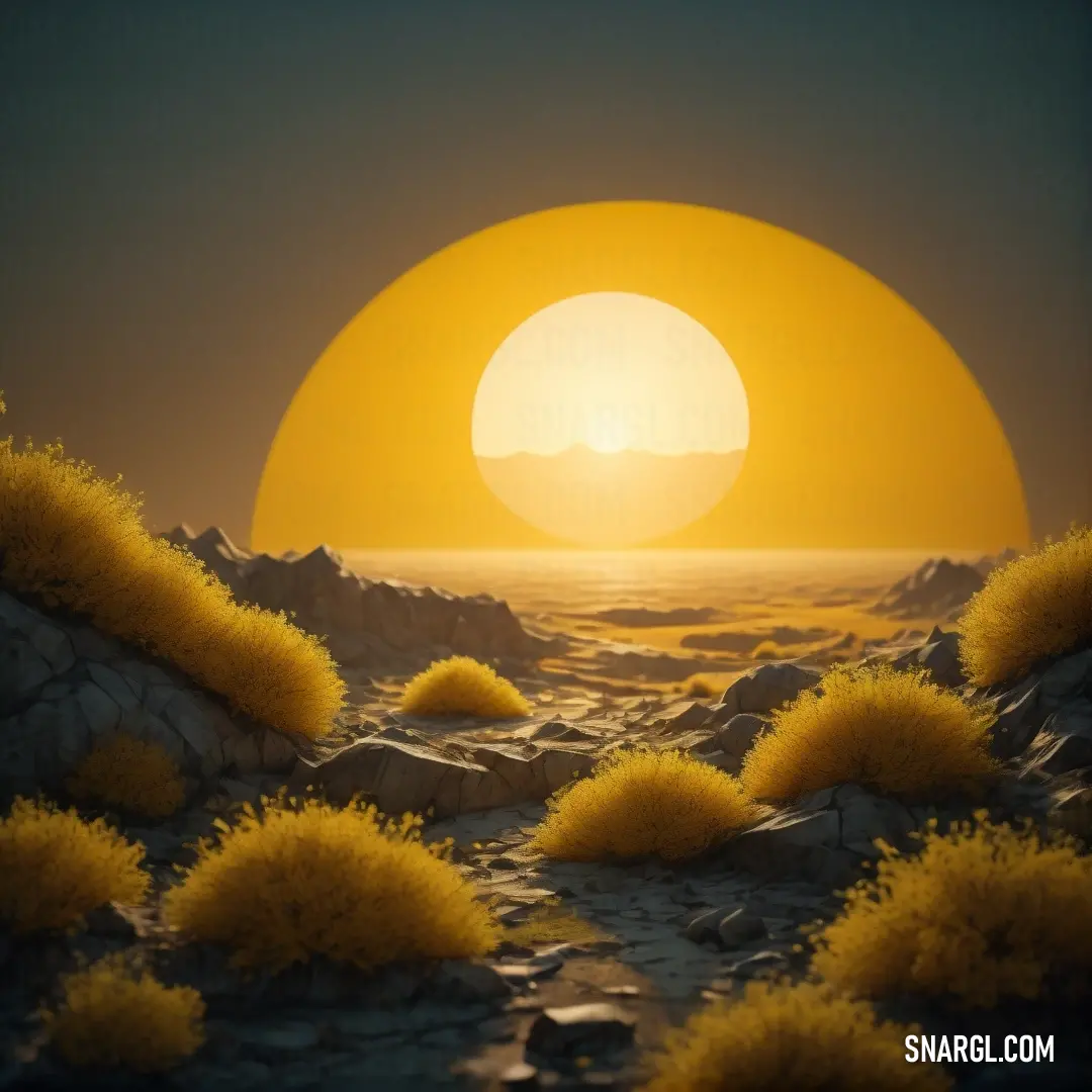 Yellow sun setting over a rocky landscape with bushes and bushes in the foreground. Color RGB 209,149,24.