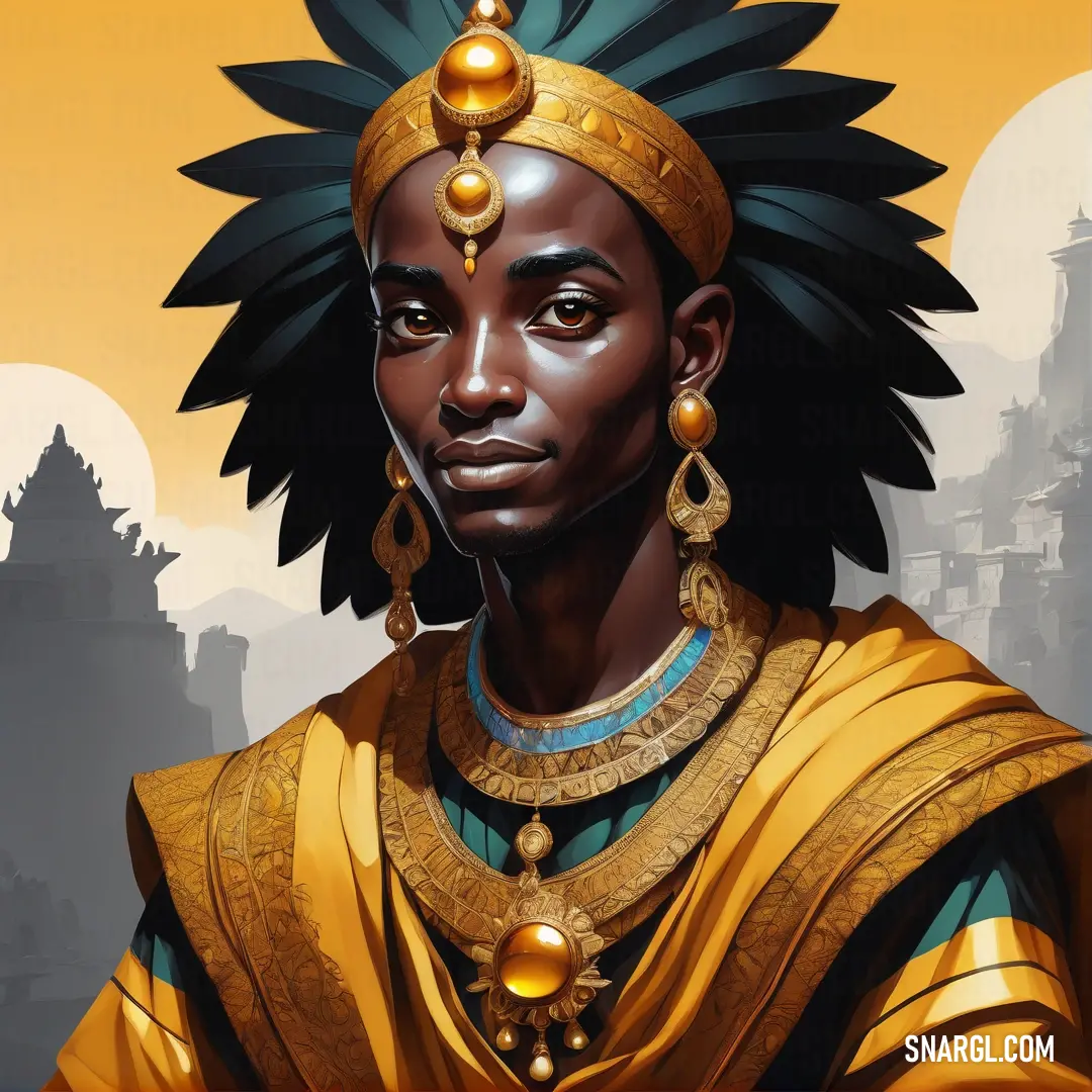Black man with a gold headdress and a gold necklace and earrings on his head and a yellow background. Color NCS S 2060-Y20R.