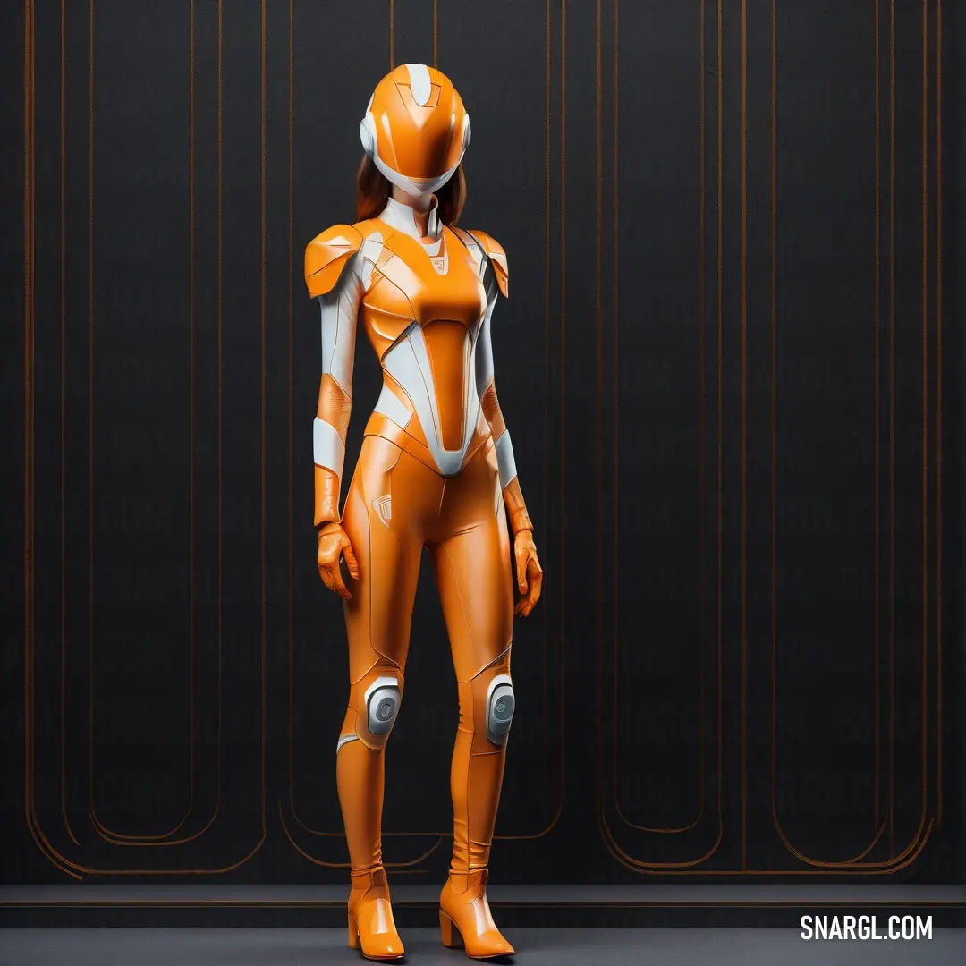 Robot woman in a futuristic orange suit standing in a room with a black wall and a black floor. Example of NCS S 2060-Y20R color.