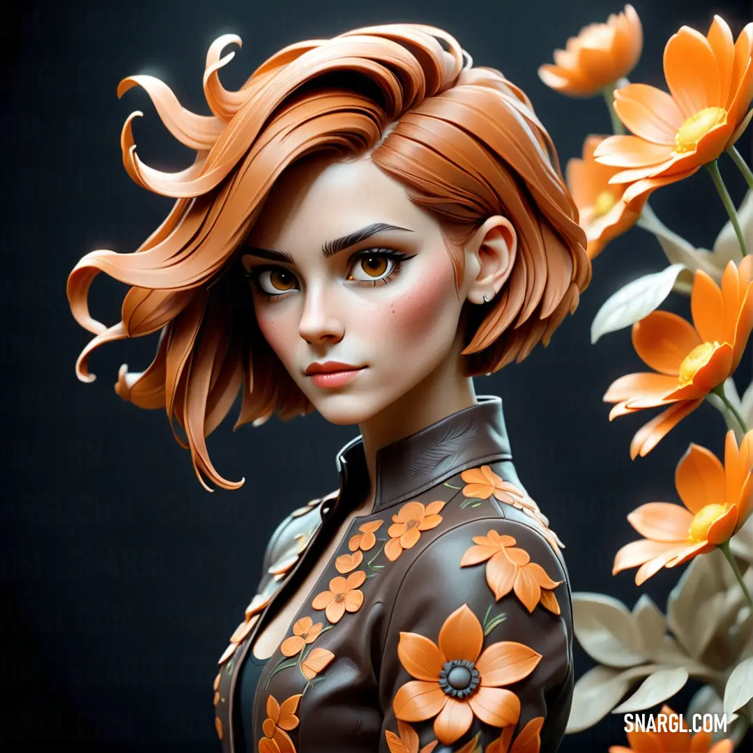 NCS S 2060-Y30R color. Digital painting of a woman with flowers in her hair and a leather jacket on her shoulders and shoulders
