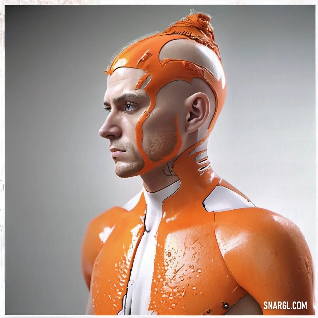 Man in a futuristic suit with a strange look on his face and chest. Color NCS S 2060-Y30R.