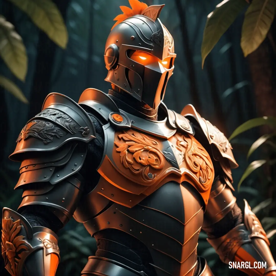 NCS S 2060-Y30R color example: Man in armor standing in a forest with trees in the background