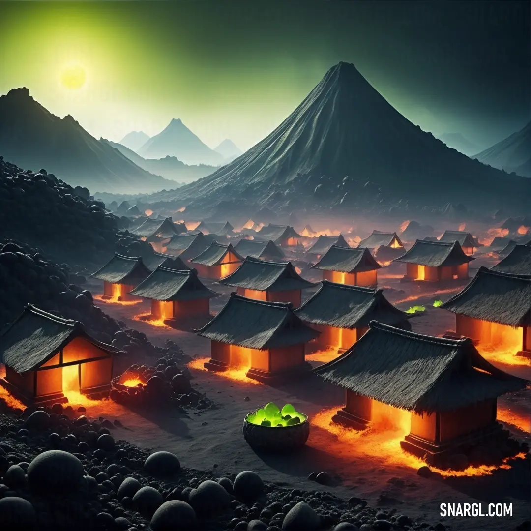 NCS S 2060-Y40R color example: Group of huts with lights on them in a desert area with mountains in the background