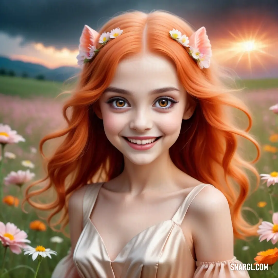 Girl with red hair and a flower in her hair is smiling in a field of flowers with a sun in the background. Example of NCS S 2060-Y50R color.