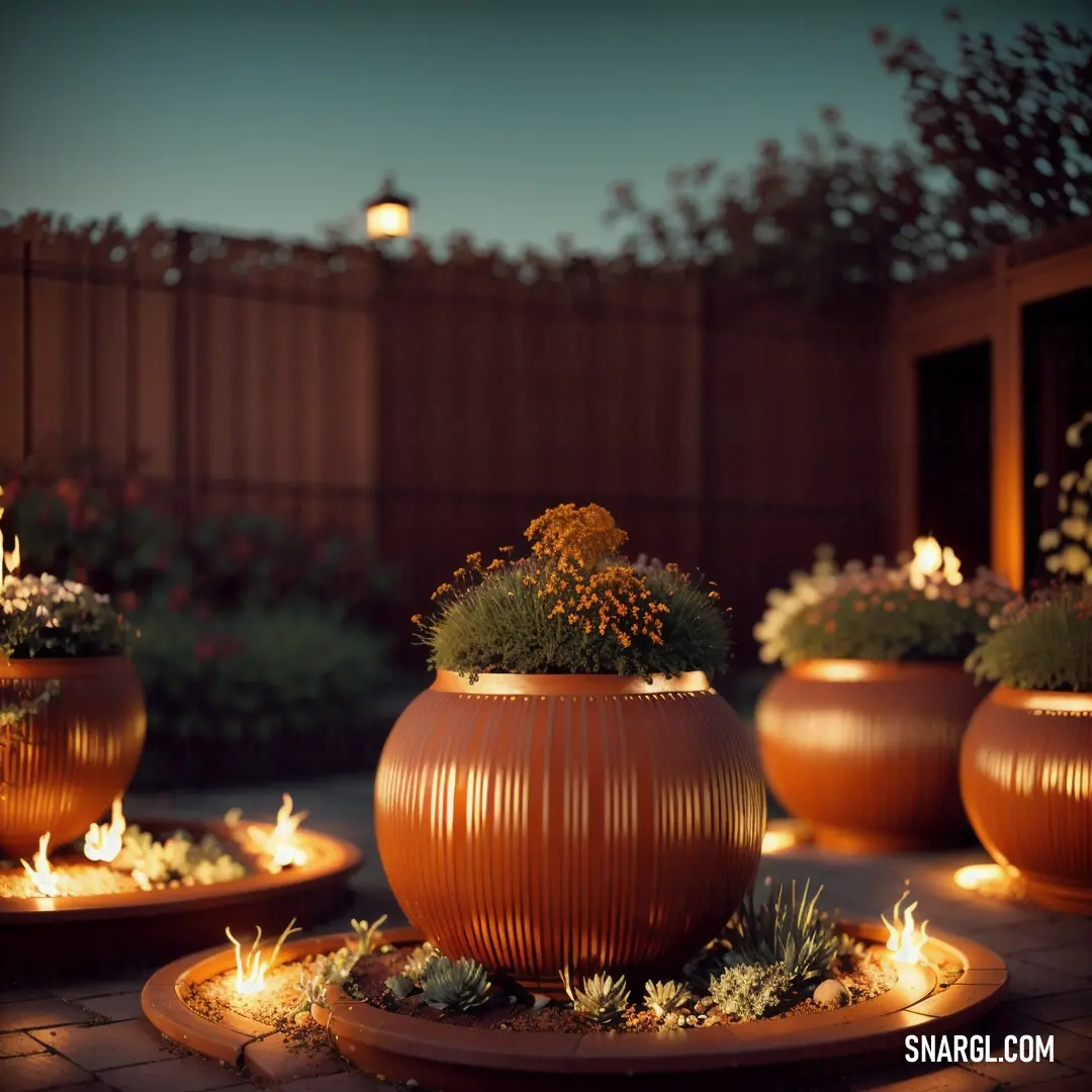 Group of large pots with plants in them on a patio at night time with lights on the ground. Example of NCS S 2060-Y50R color.