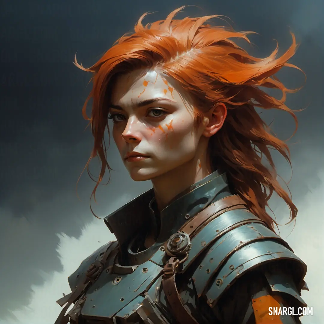 Woman with red hair and armor on her face and shoulders, with a cloudy background. Example of #CB5017 color.