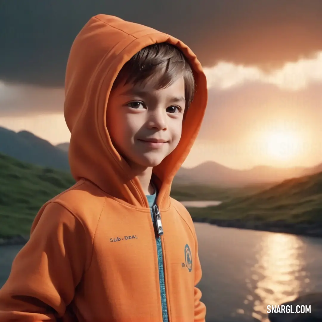 NCS S 2060-Y50R color. Young boy in an orange hoodie standing in front of a lake at sunset with a mountain in the background