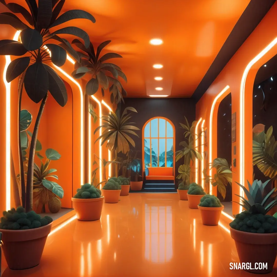 Hallway with potted plants and a bright orange wall with a doorway leading to a hallway. Example of CMYK 0,75,90,10 color.