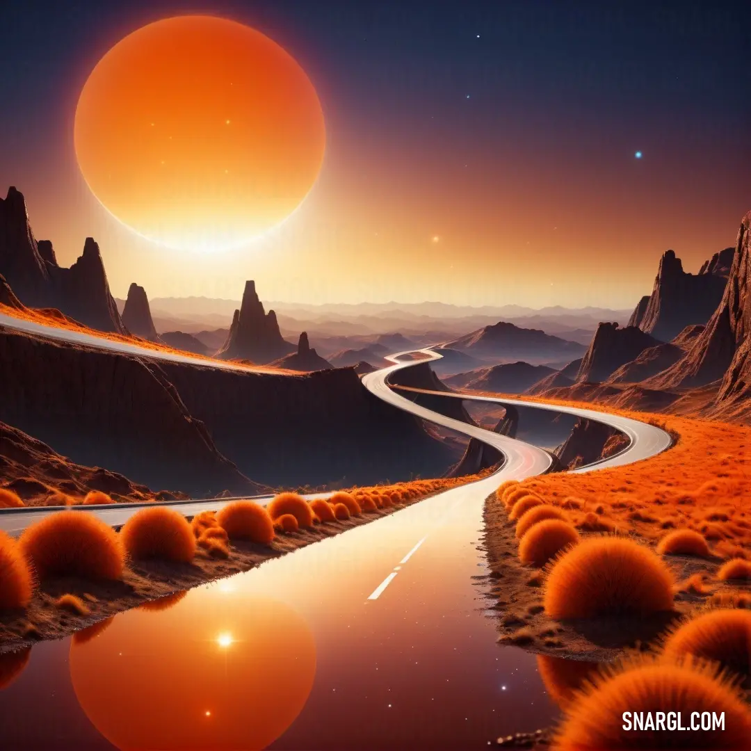 Road going through a desert with a bright orange sun in the background. Example of #CB401E color.