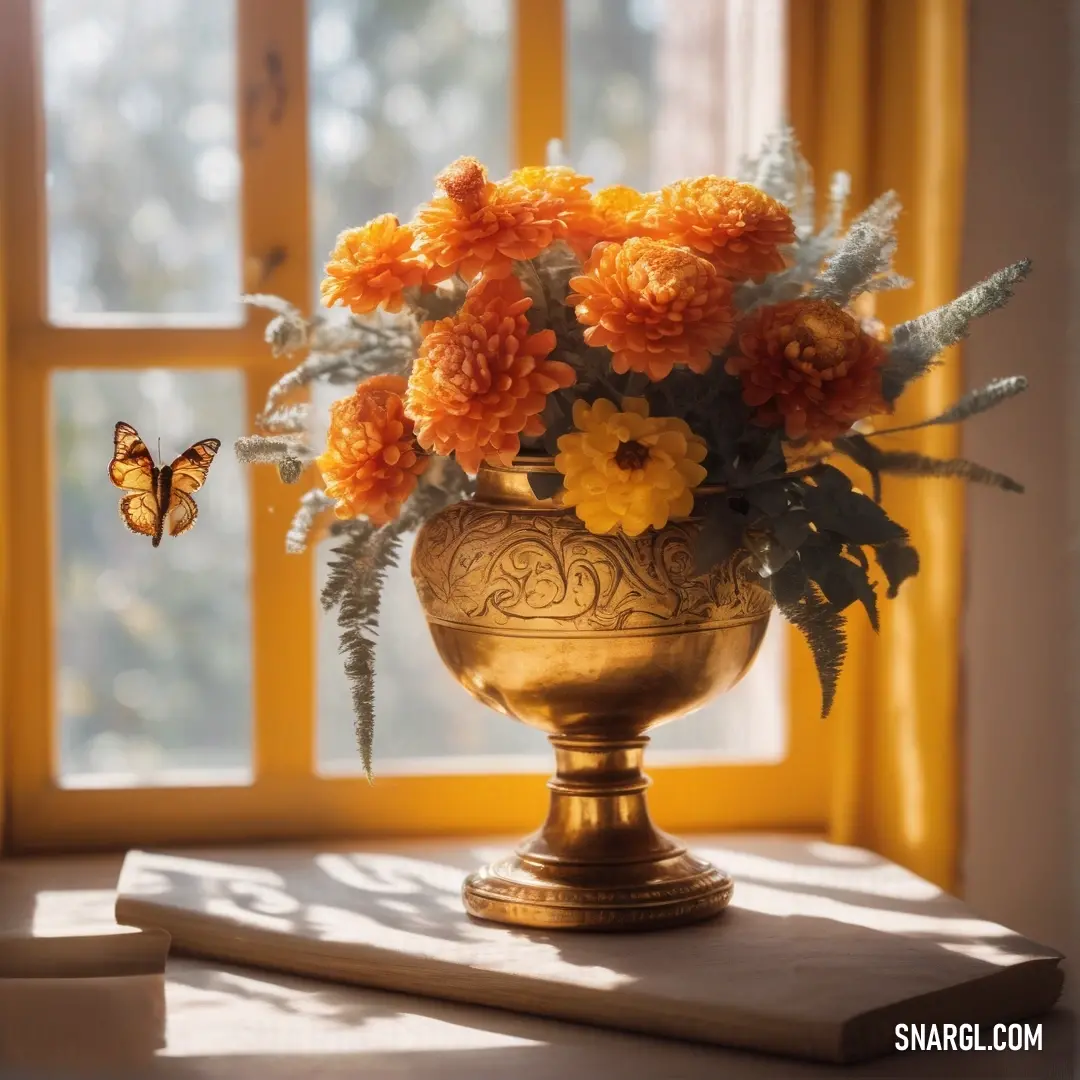 NCS S 2060-Y70R color. Vase with flowers and a butterfly on a table in front of a window with yellow curtains and a yellow curtain