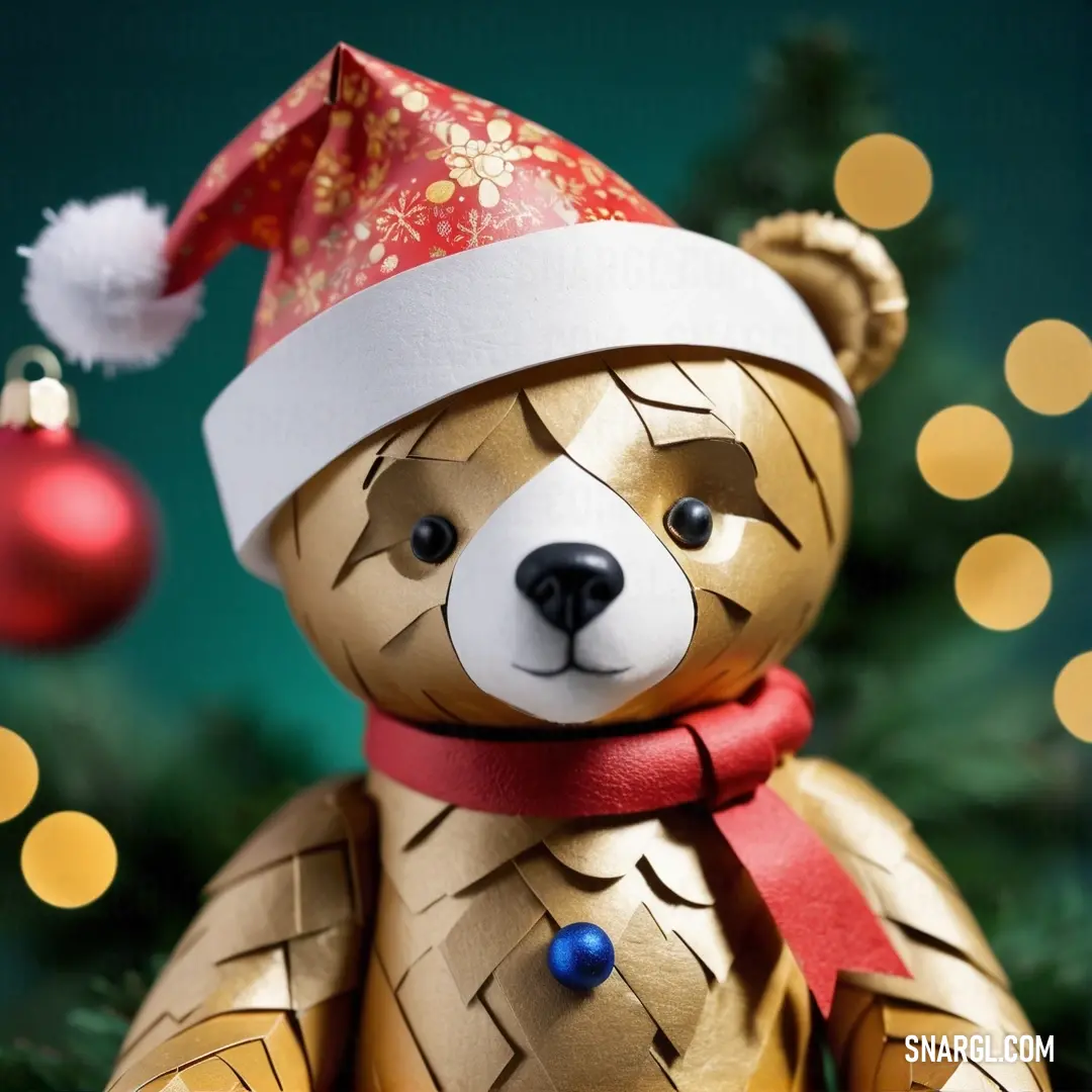 Teddy bear wearing a santa hat and scarf with a christmas tree in the background. Color NCS S 2060-Y80R.