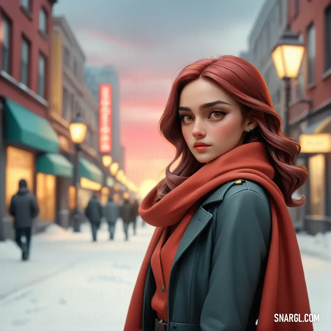 NCS S 2060-Y80R color example: Woman with red hair and a red scarf on a city street at sunset with a red light in the background