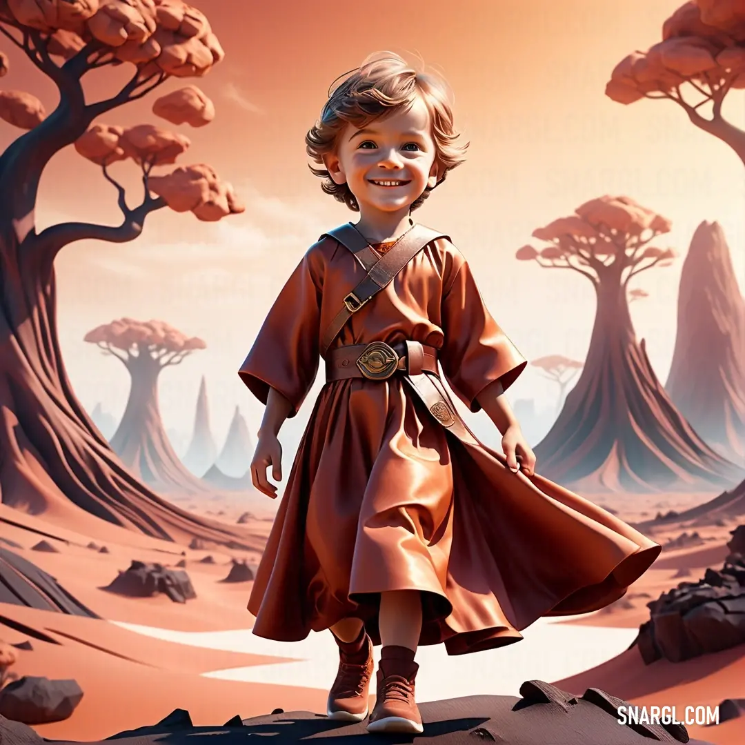 Digital painting of a little girl in a red dress in a desert landscape with trees and rocks in the background. Color NCS S 2060-Y90R.
