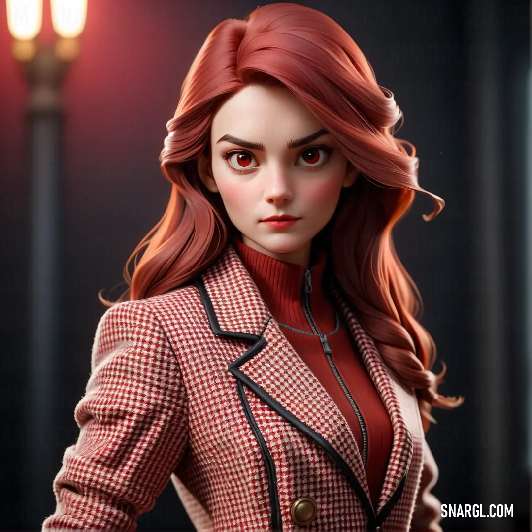Doll with red hair and a suit on a table with a lamp in the background. Color NCS S 2060-Y90R.
