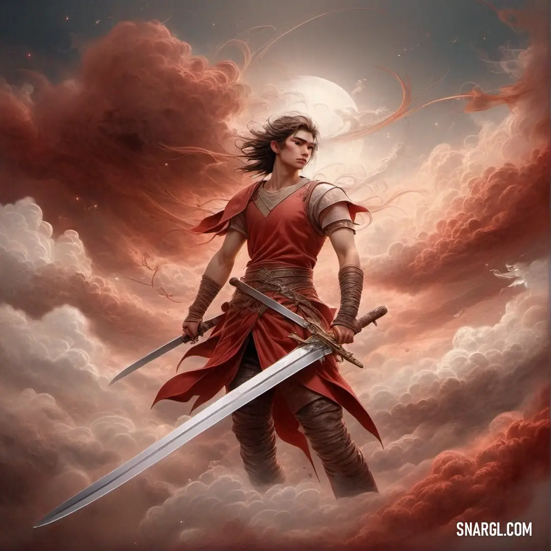 Man holding two swords in his hands and standing in the clouds with a full moon behind him and a red sky. Color RGB 190,69,63.