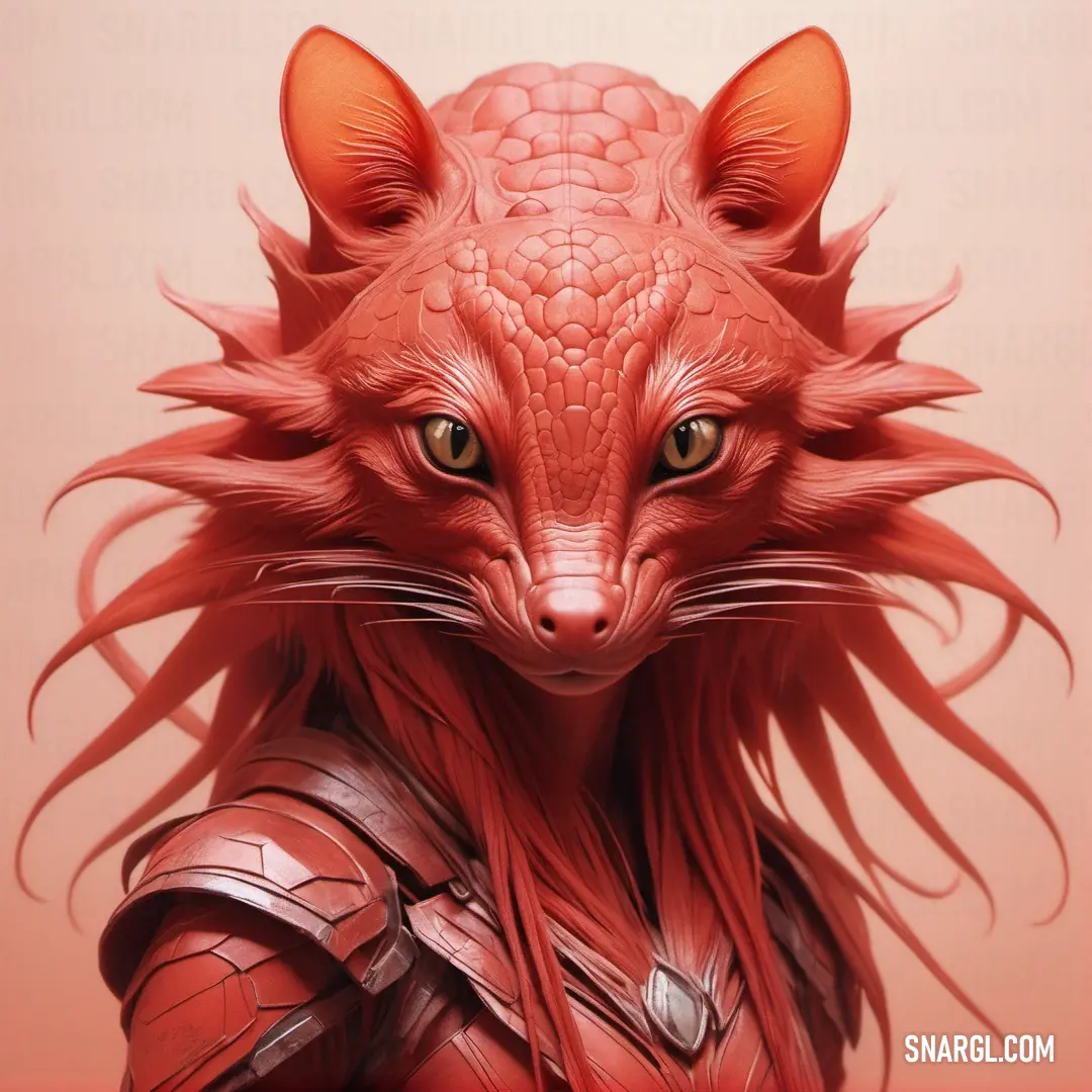 Red creature with a large, furry face and long hair. Color RGB 190,69,63.