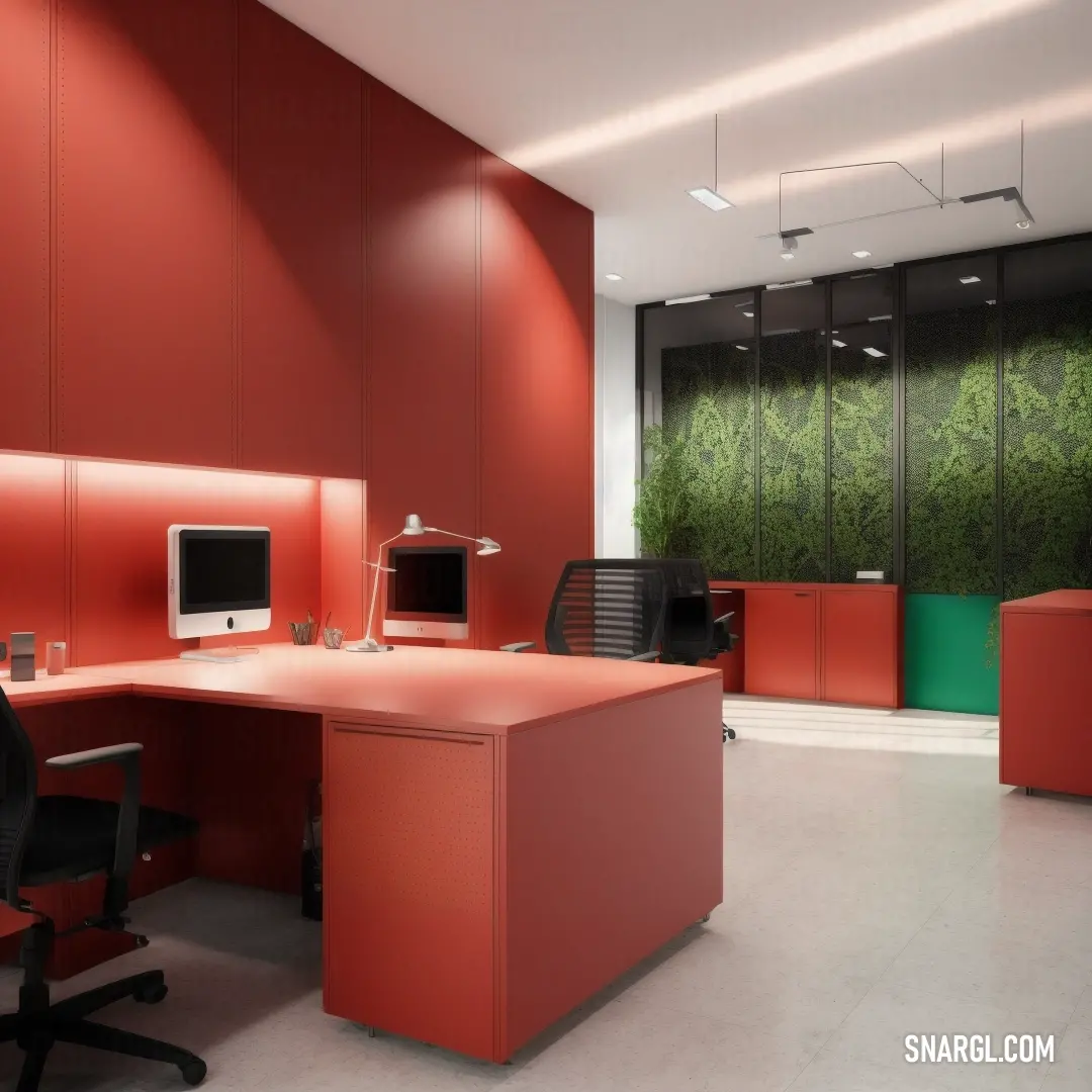 NCS S 2060-Y90R color example: Red office with a computer desk and a monitor on it's side and a green wall behind it