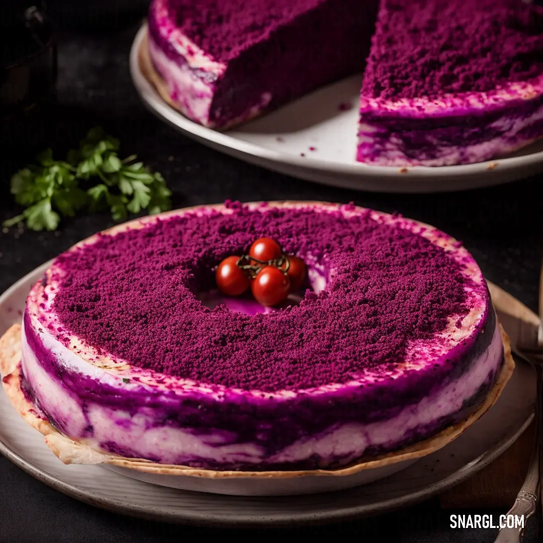 Cake with purple frosting and cherry tomatoes on top of it. Color NCS S 2065-R20B.