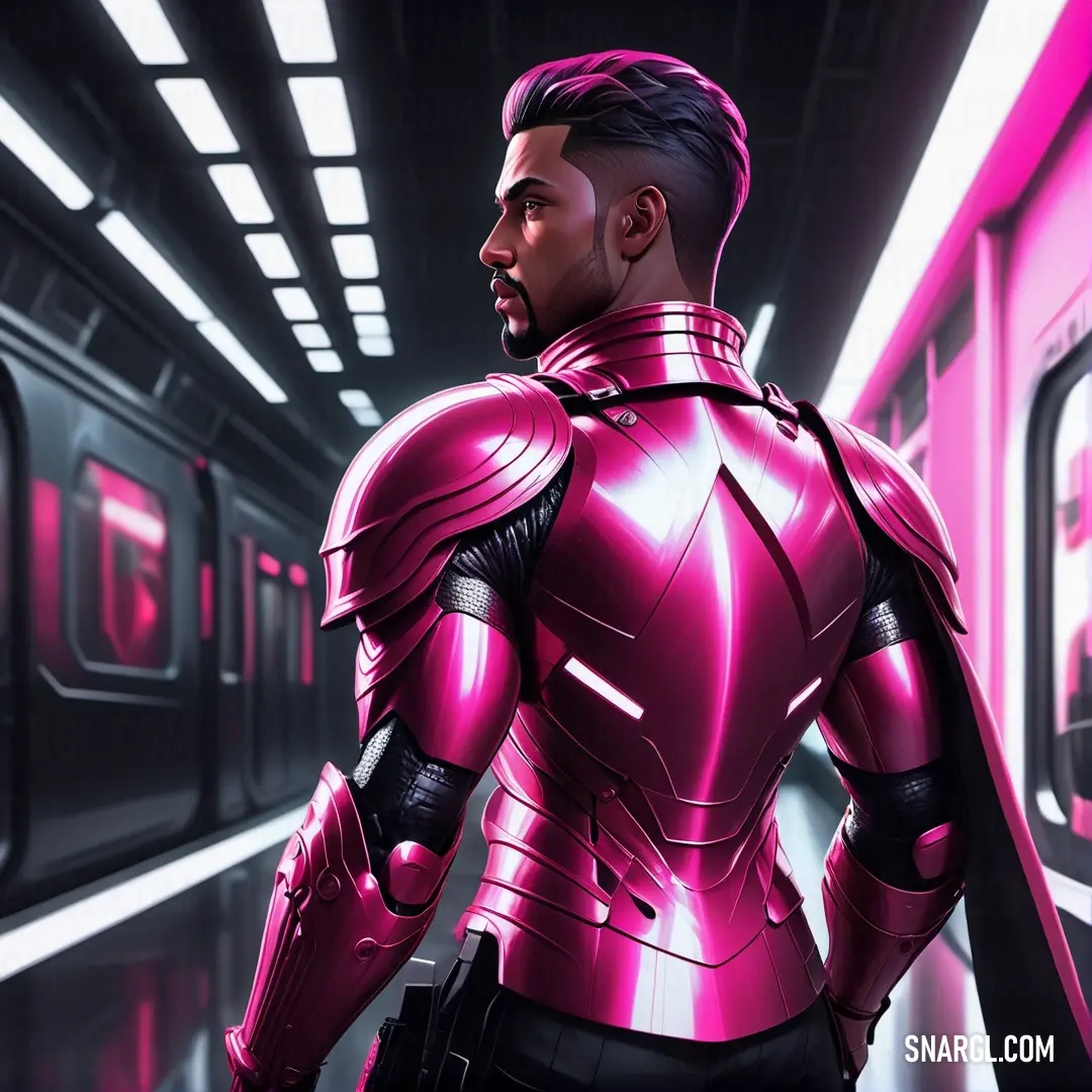 Man in a pink suit standing in a subway station with a pink light on his chest. Color RGB 156,0,75.