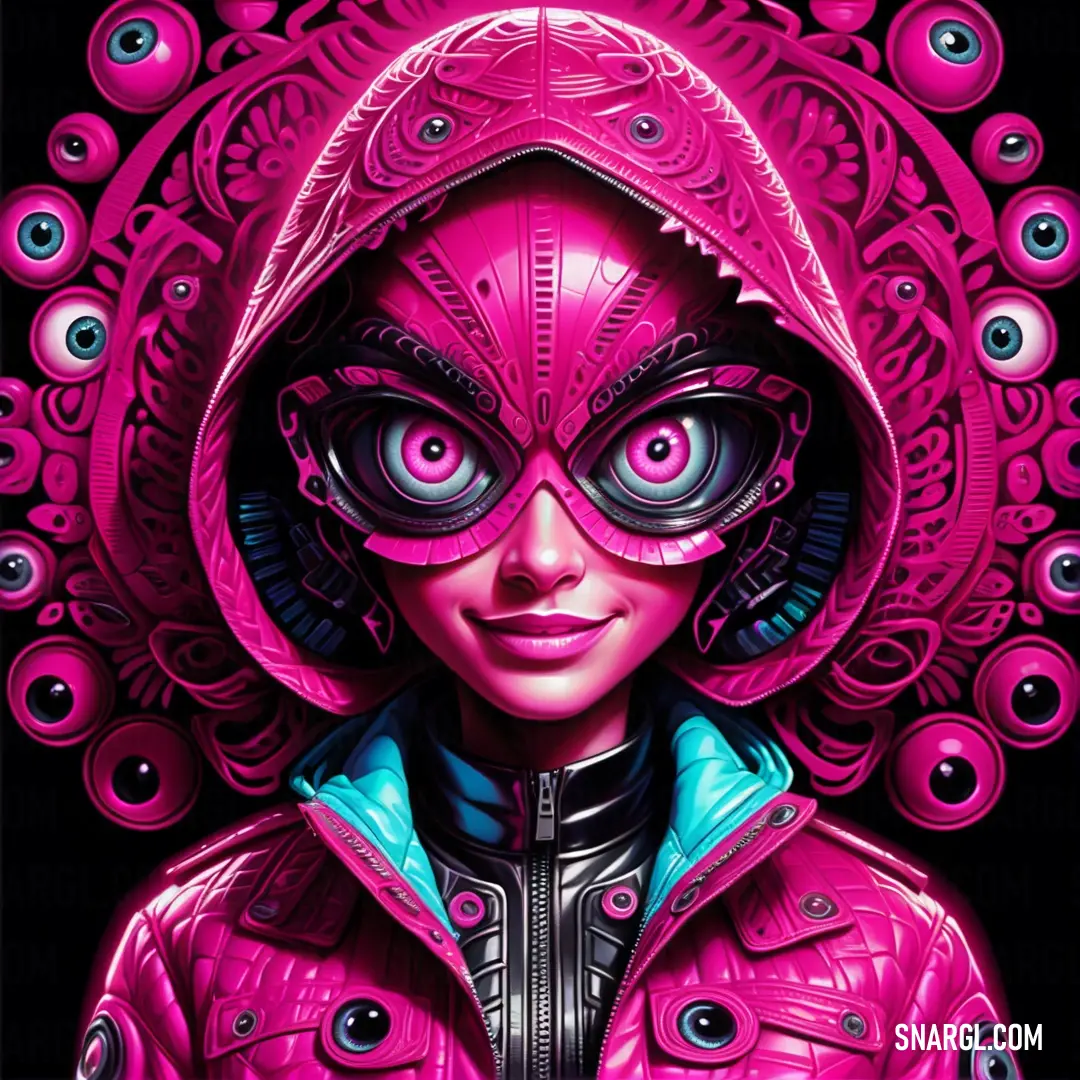Woman in a pink jacket and a pink mask with eyes and a hoodie on her head, with a black background. Example of CMYK 0,100,20,35 color.