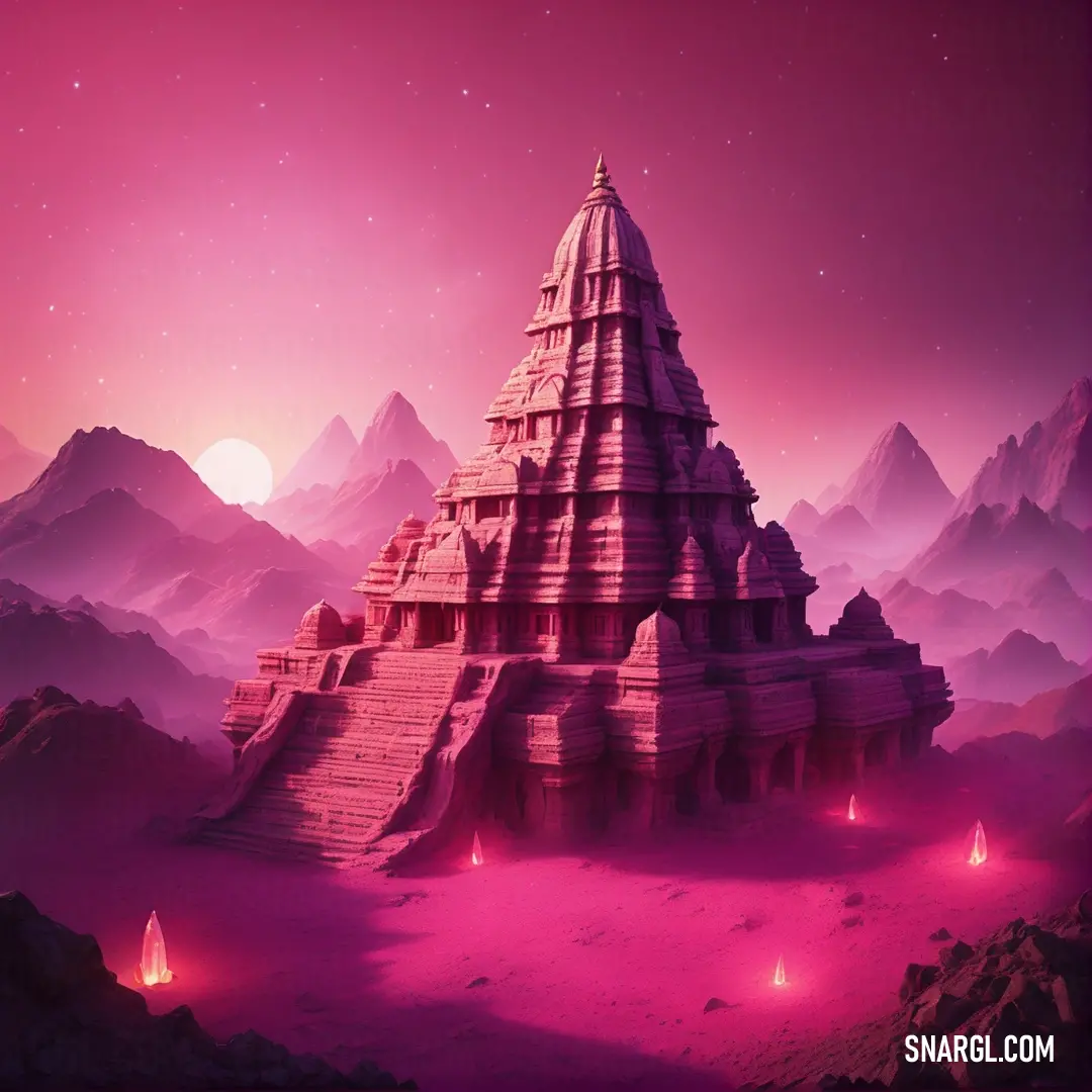 Pink and purple landscape with a pyramid in the middle of it. Color #9C004B.