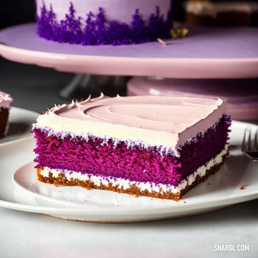 NCS S 2065-R20B color. Slice of cake on a plate with a fork and a cake on a plate with a purple frosting