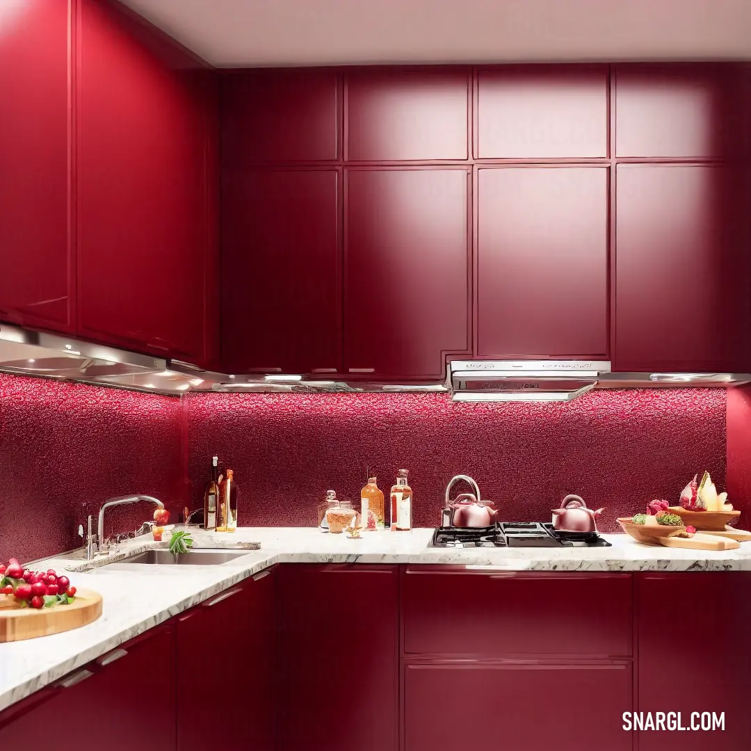 Kitchen with a red wall and a white counter top and a stove top oven and a sink with a bowl of fruit on it. Color RGB 163,0,36.
