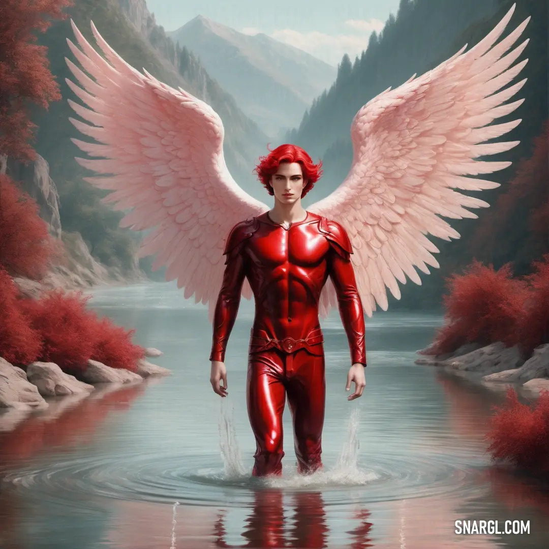 Man in a red suit with wings standing in water with mountains in the background. Example of RGB 163,0,36 color.