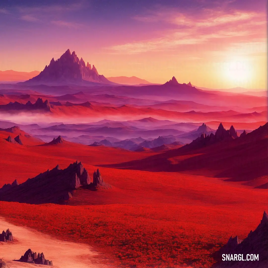 Painting of a mountain range with a river running through it and a sunset in the background. Example of CMYK 0,100,75,30 color.