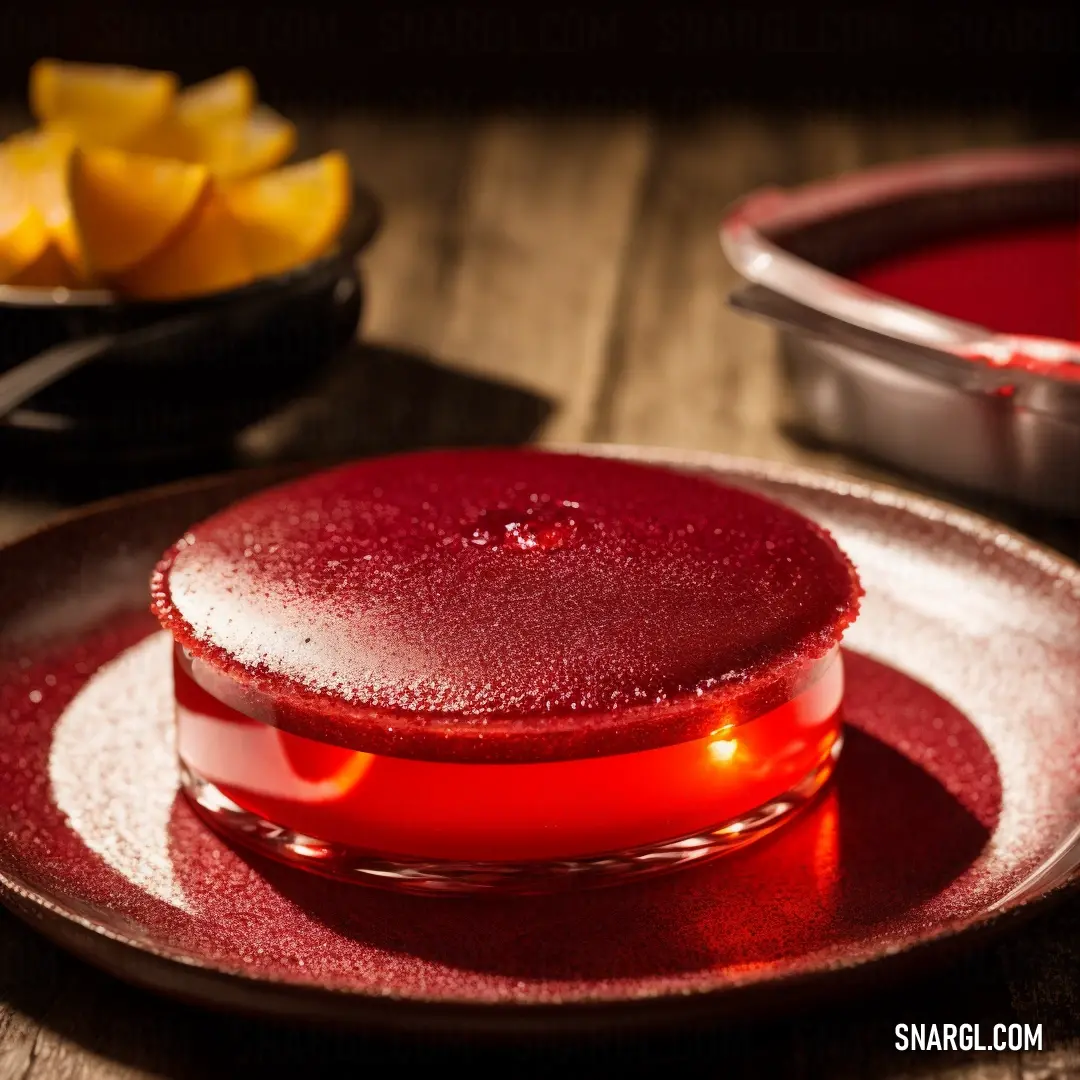 Red dessert on a plate with a bowl of fruit in the background. Example of NCS S 2070-R color.
