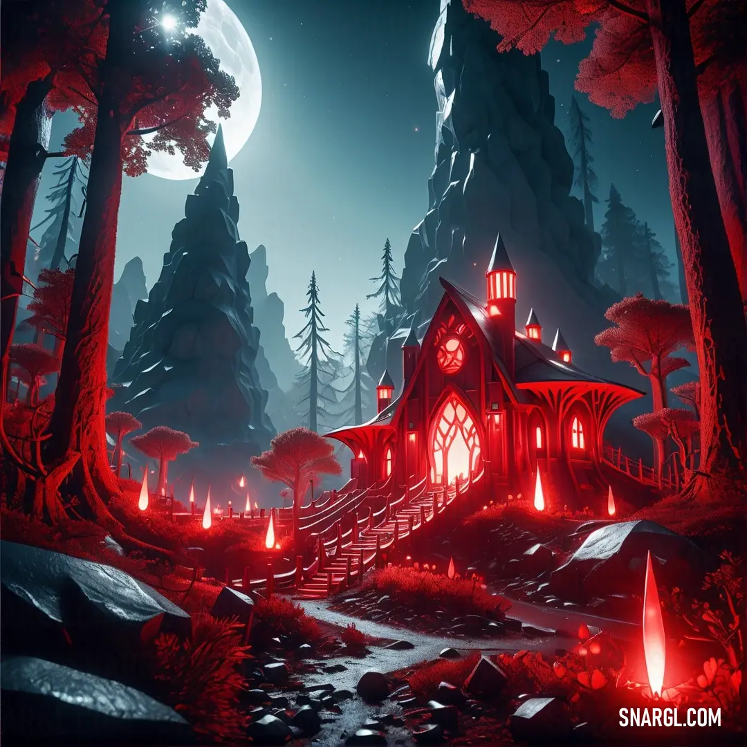 NCS S 2070-R color example: Red house in the middle of a forest with a full moon in the background