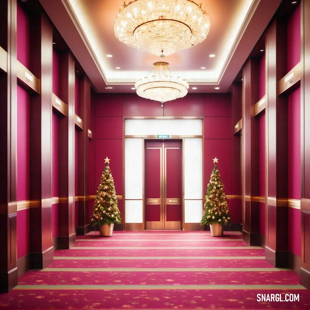 Hallway with a christmas tree and a chandelier hanging from the ceiling and a red carpeted floor. Example of #950036 color.