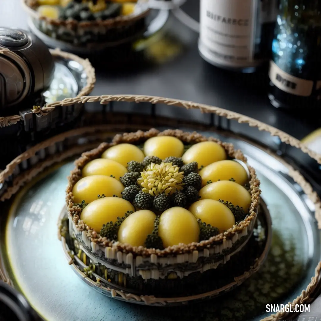 Table with a plate of food and a bottle of wine on it. Color RGB 193,159,0.