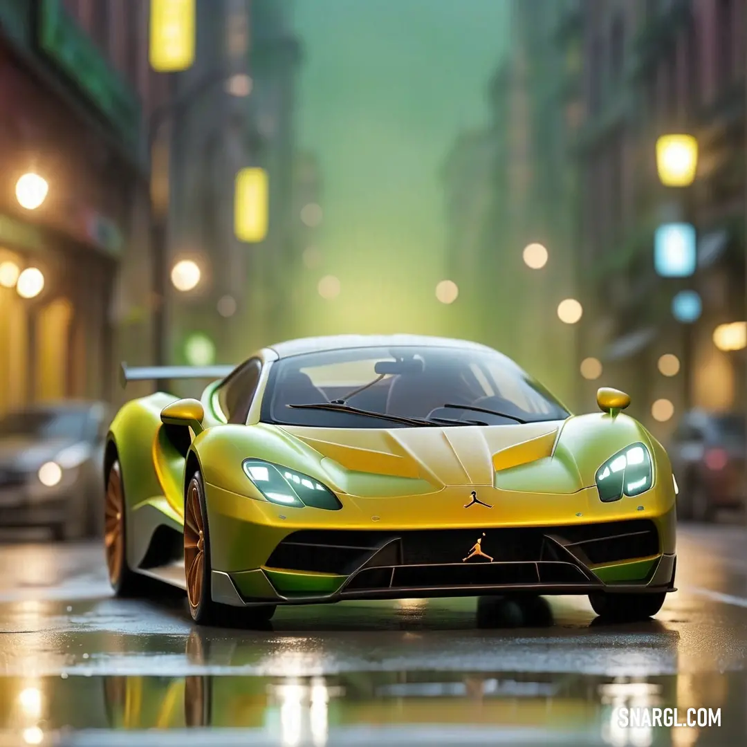 Yellow and white sports car on a wet street at night with lights on the buildings behind it and a person walking by