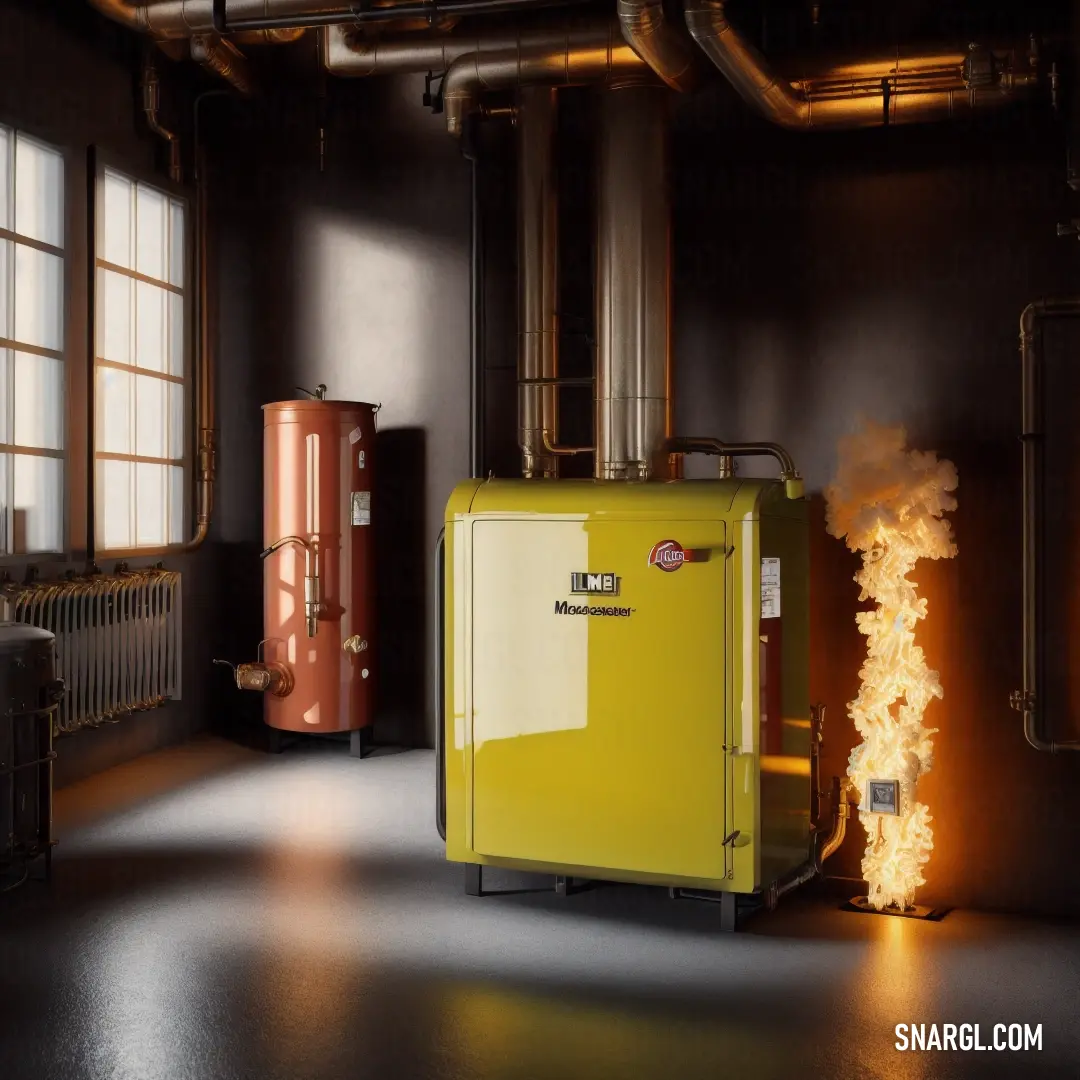 Yellow box is on fire in a room with a window and a heater in the background. Color #C19F00.