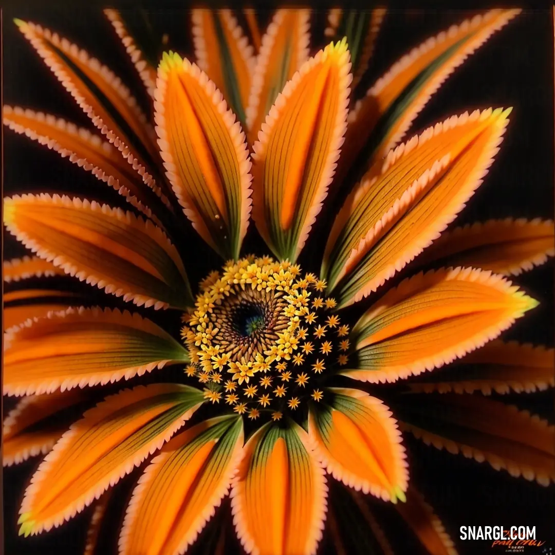 Close up of a flower with a black background. Example of NCS S 2070-Y10R color.