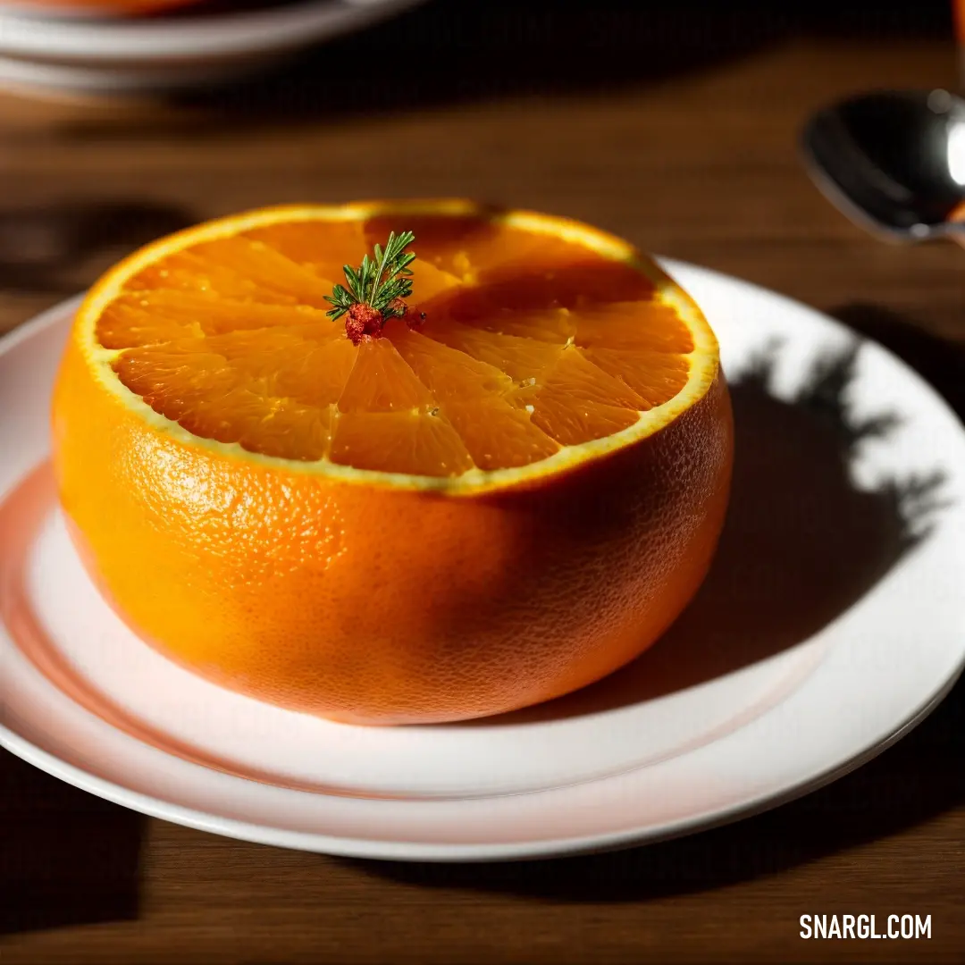 Close up of an orange on a plate on a table with a spoon and a cup of coffee. Example of #E19D00 color.