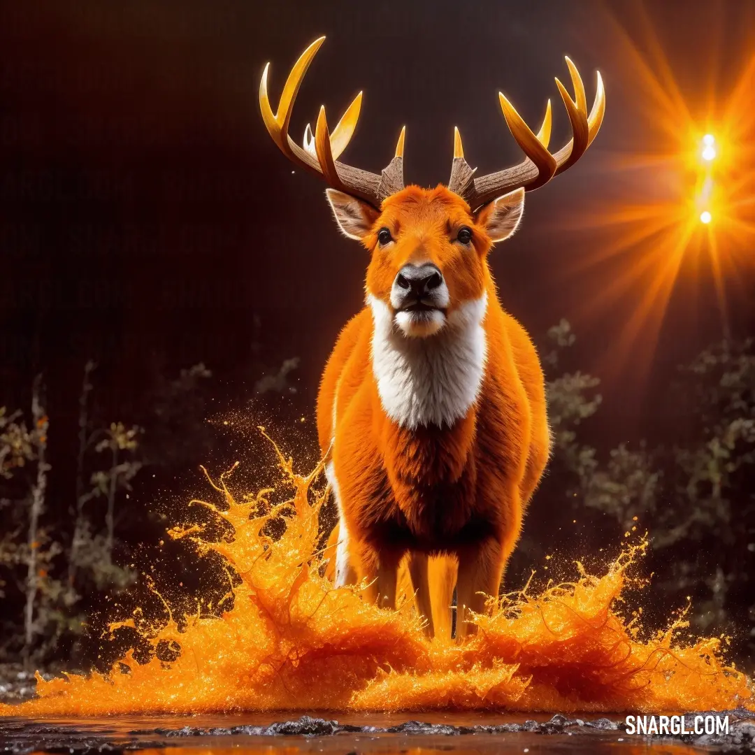 NCS S 2070-Y10R color. Deer with horns standing in a field of orange powder with a bright light in the background